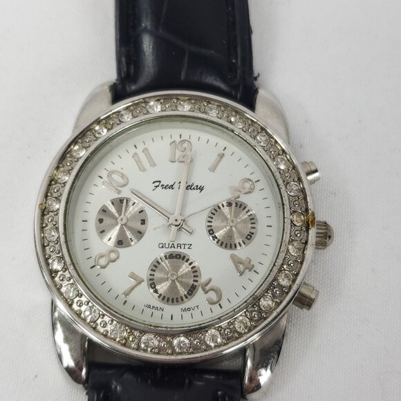 Fred Belay Rhinestone Face Black Leather Band Watch - Picture 1 of 8
